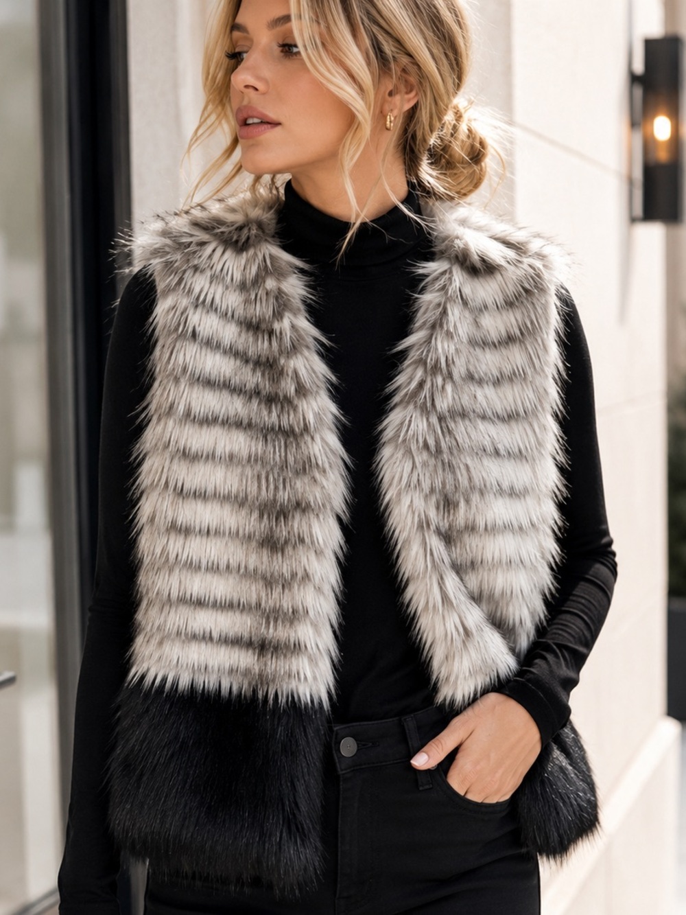 Kristen Blake Animal Print Faux Fur Vest Gray Black Two Tone Longline Size Small